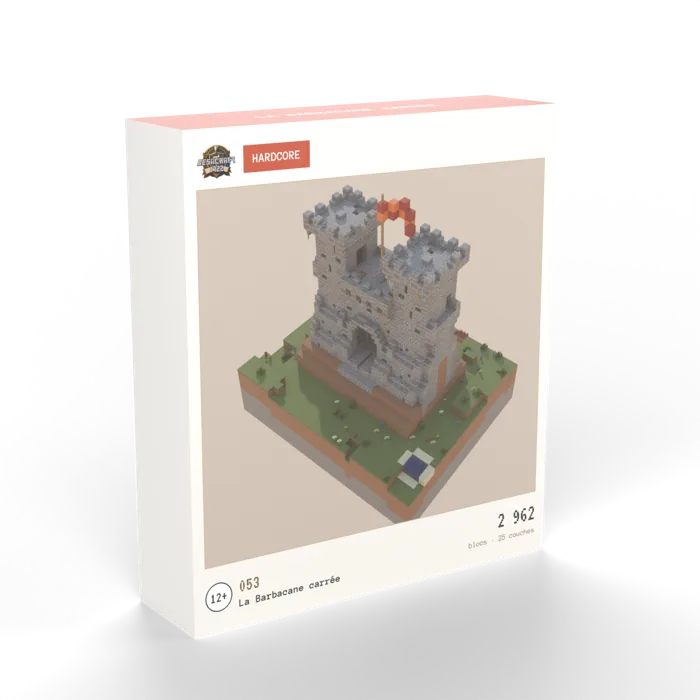Boîte du build N°053, La Barbacane carrée : rendu 3D du bâtiment sur sa motte