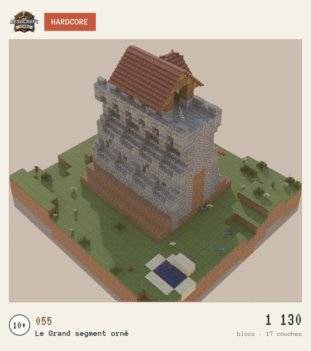 Panneau imprimé de face de la boîte N°055 : le Grand segment orné rendu en 3D, 1 130 blocs, 17 couches