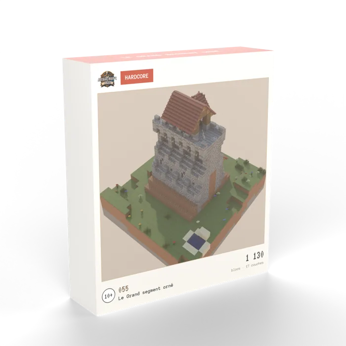Boîte du build N°055, Le Grand segment orné : rendu 3D d'un segment de muraille en pierre à toit de tuiles, posé sur sa motte d'herbe
