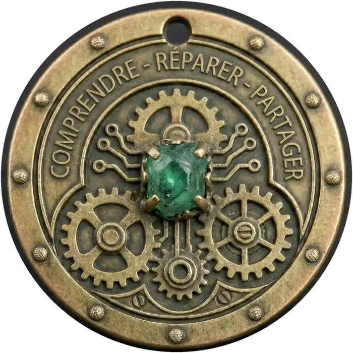 Médaillon des Forgerons de Résonance : engrenages de laiton autour d'un cristal vert, devise Comprendre, réparer, partager