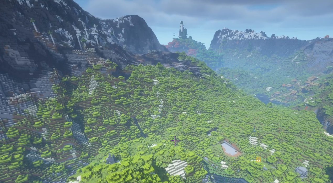 Capture de jeu : une vallée boisée entre des montagnes