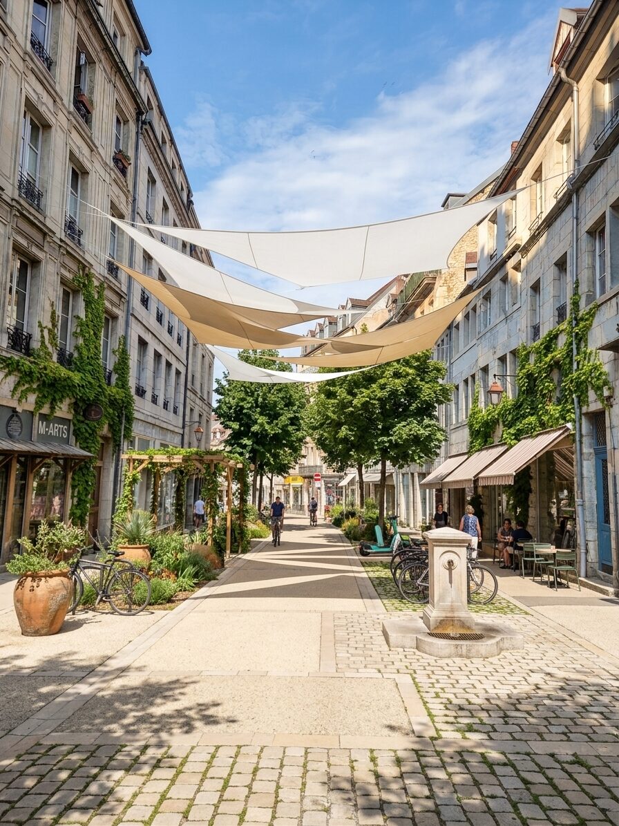 Rue Battant végétalisée — canopée et terrasses (jour)