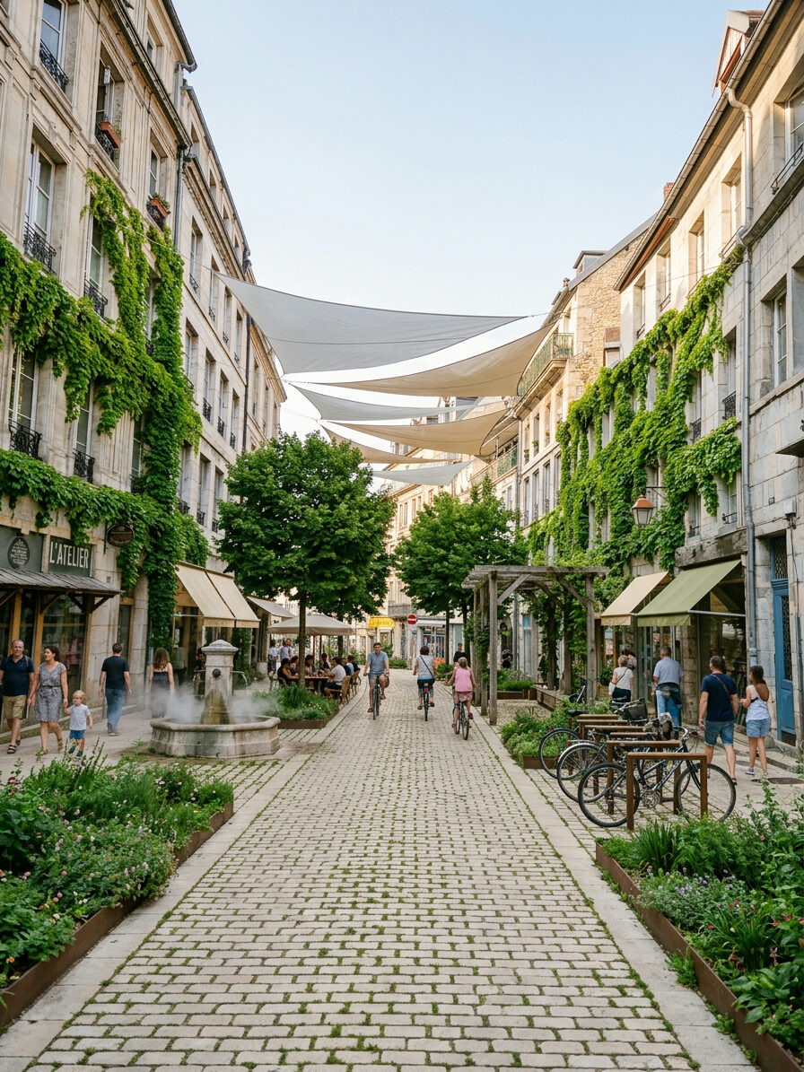 Canopée de houblon tendue au-dessus de la rue (jour)