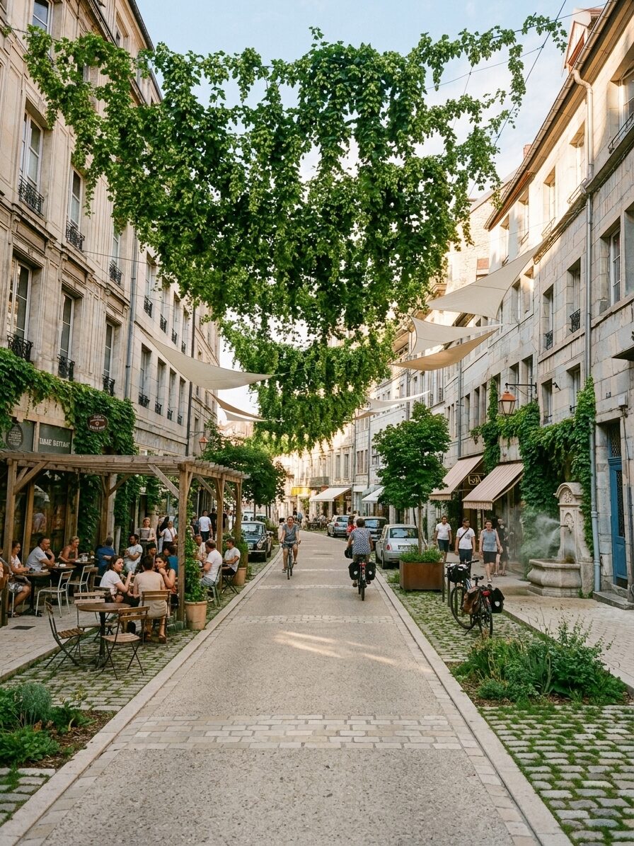 Rue ombragée, sol clair perméable (jour)