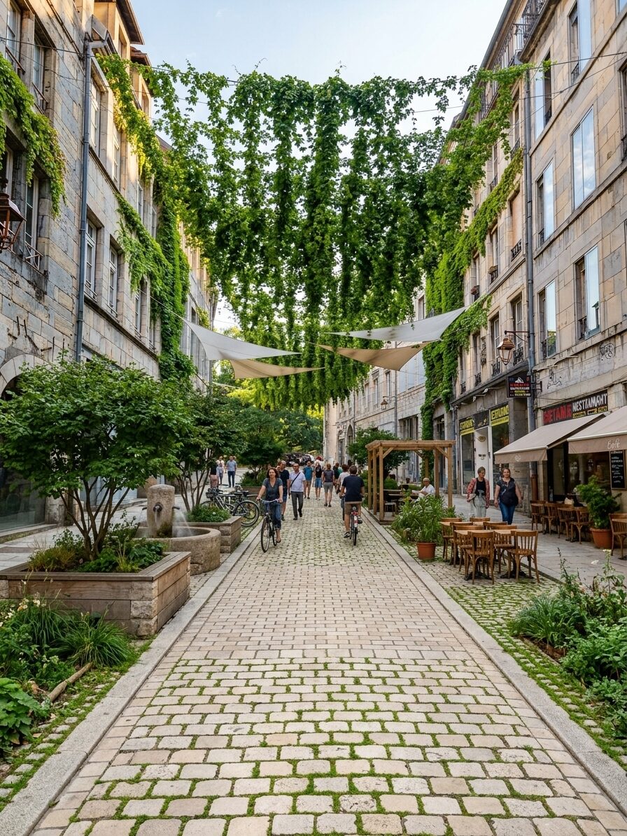 Arbres, jardinières et terrasses à l'ombre (jour)