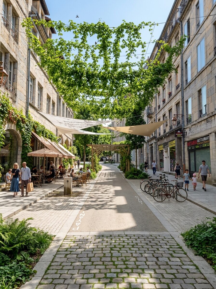 Canopée verte continue, façades préservées (jour)