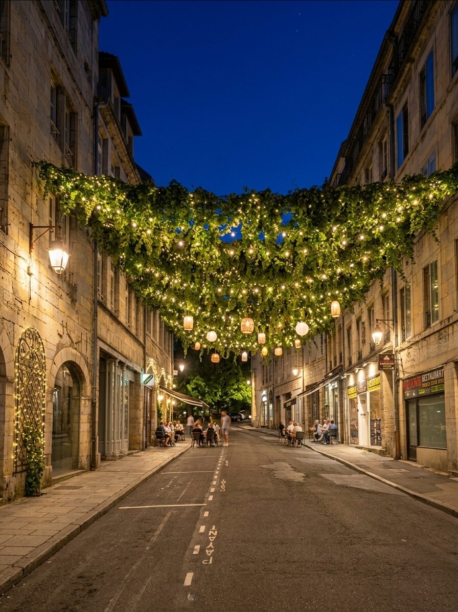 Rue apaisée, piétons et végétation (jour)