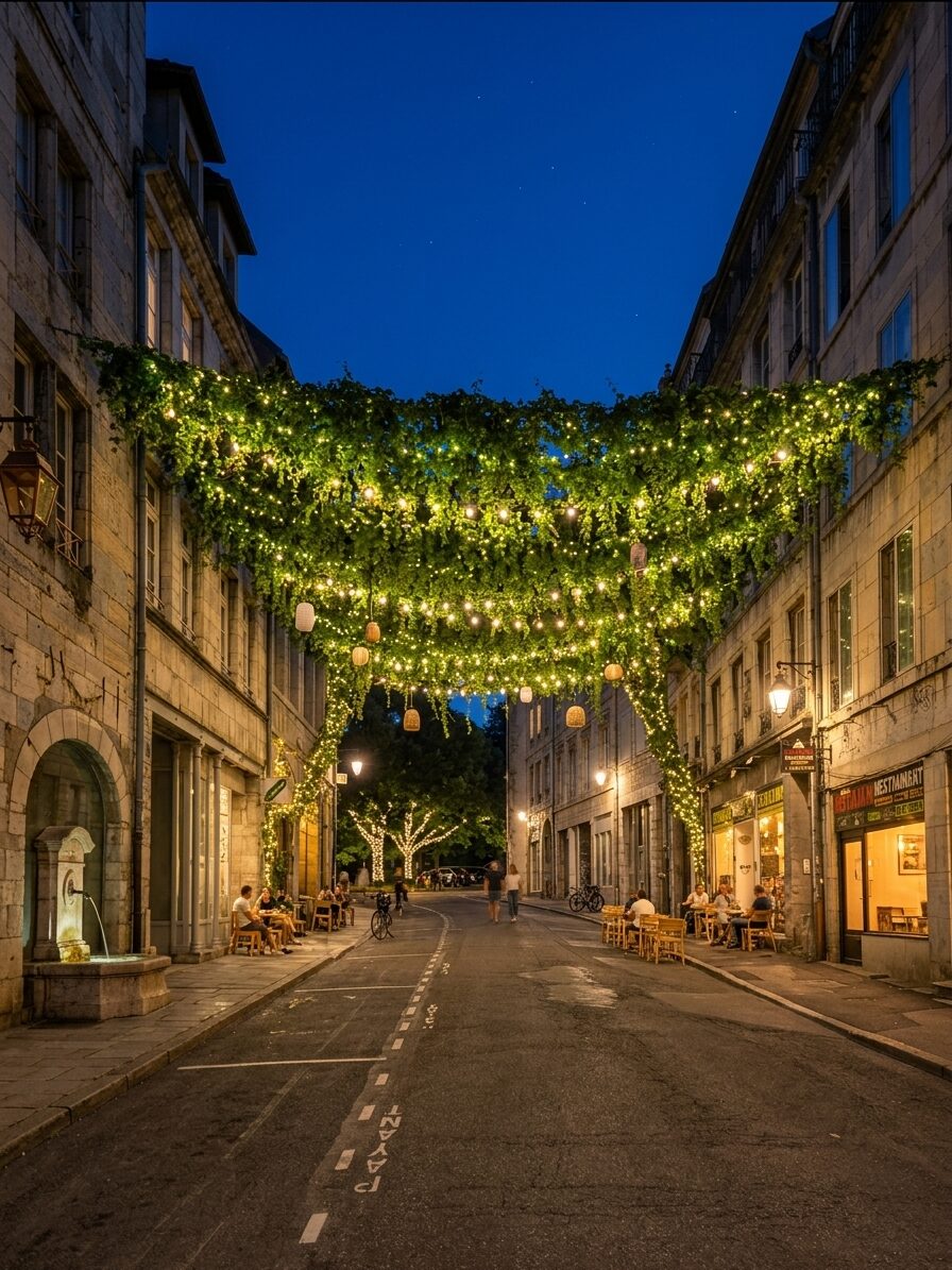 Nuit — canopée éclairée de guirlandes chaudes