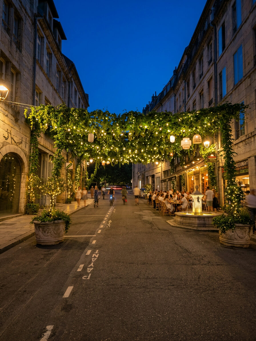 Nuit — heure bleue, guirlandes dans le houblon