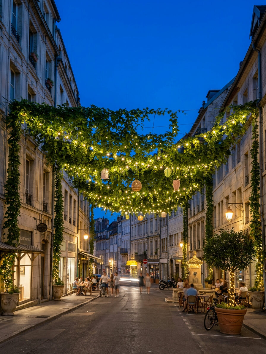 Nuit — rue vivante et fraîche sous la canopée
