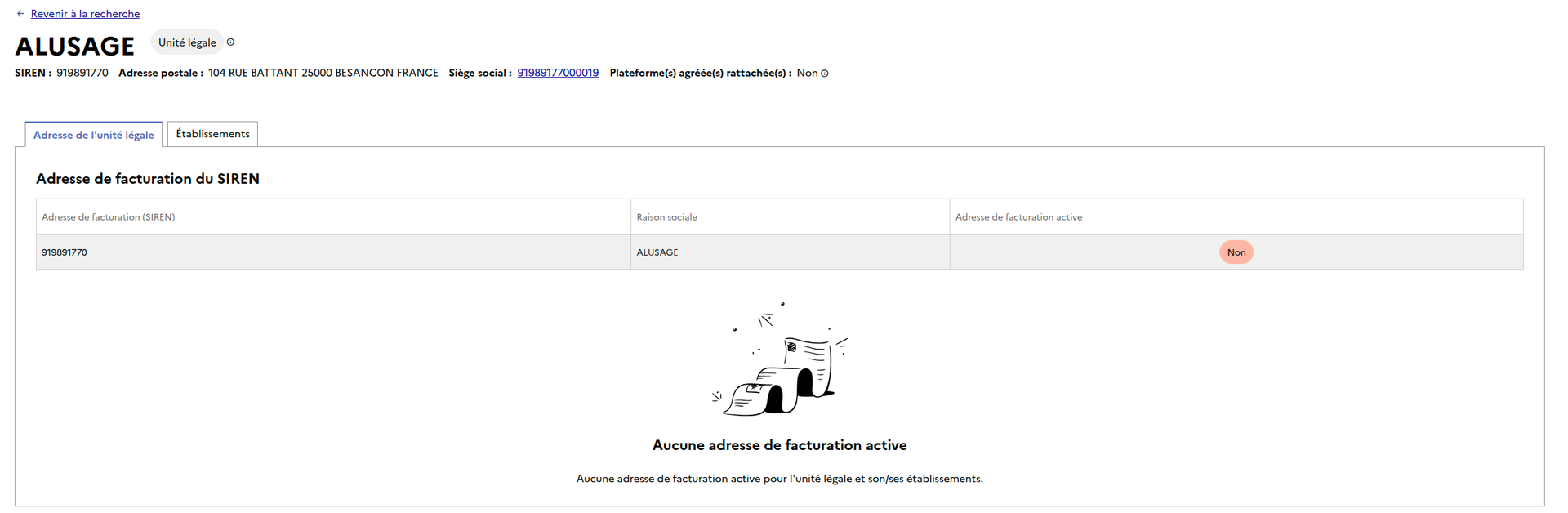 Résultat de l'annuaire officiel de la facturation électronique pour ALUSAGE SAS
