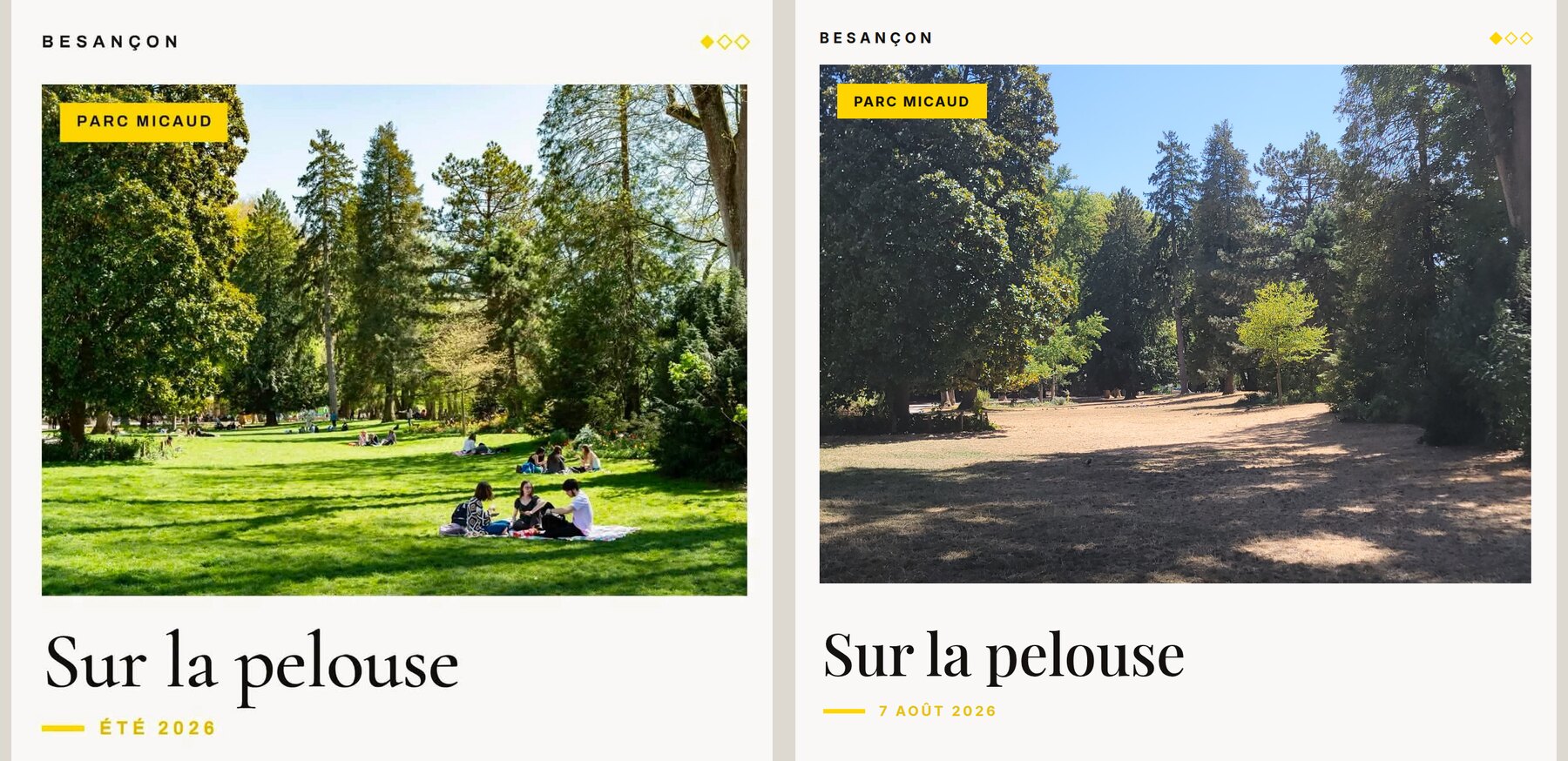 À gauche la carte postale publiée le 4 août 2026, à droite la promenade Micaud photographiée le 7 août 2026