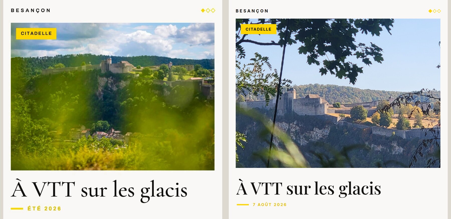 À gauche la carte postale du 4 août 2026, à droite la Citadelle vue du fort de Beauregard le 7 août 2026
