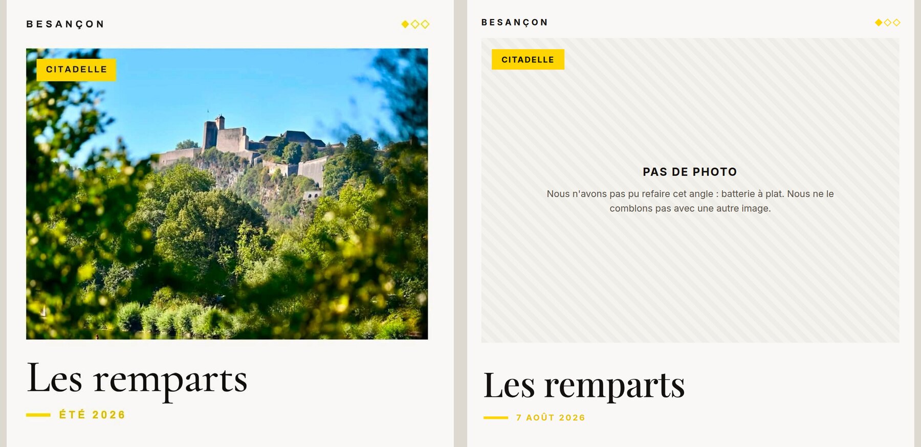 À gauche la carte postale du 4 août 2026, à droite une case volontairement laissée vide